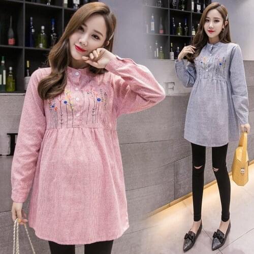 Embroidery Long Sleeve Pregnancy Dresses Maternity Dresses For Pregnant Women Blouses Shirts Tops Striped Maternity Clothing