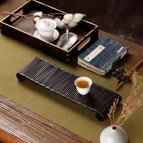 Double Book Scroll Design Natural Bamboo Tea Tray For Tea Cup Tea Pot Retro Bamboo Raft Style Handmade Tea Board For Home Hotel