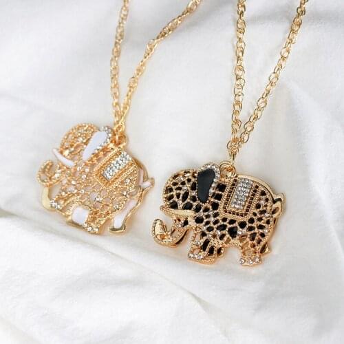 Full Shiny Crystal White Black Hollow Cute Elephant Golden Necklace for Women