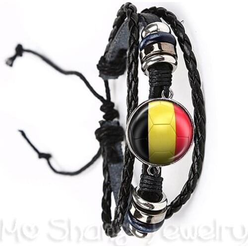 Belgium,Brazil,Mexico,Morocco,Croatia,Korea,Costa Rica Football National Flag Logo 20mm Glass Dome Adjustable Leather Bracelet