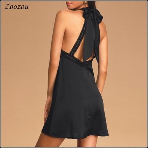 Sexy Backless Silky Party Dress Elegant A line Open Shoulder Solid Color Mini Dress Fashion Sleeveless Back Bandage Dress Custom