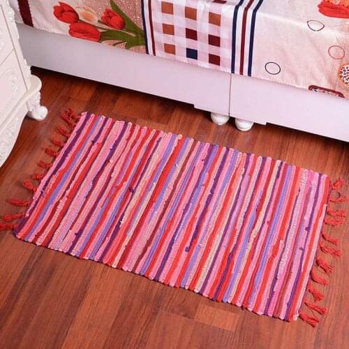 Woven Cotton Rag Absorbent Carpet Kitchen Living Room Mat Tea Table Bedroom Bedside Tatami Mat Stripe Tassel Hand-woven Rugs