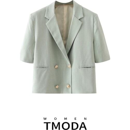 TMODA1431 Za 2021 Summer Women Fashion Pocket Blazer Coat Short Sleeve Notched Collar Jacket Female Cropped Outerwear Chic Suit