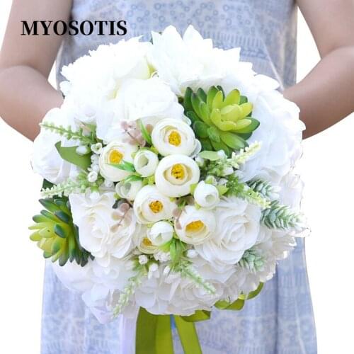 Green Succulents with White Flower Wedding Bouquet Bridal Flower Marriage Hand Floral Bunch Accessories