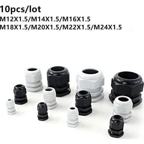 10pcs/lot IP68 M12x1.5 for 3-6.5mm M16x1.5 M20x1.5 M22 Wire Cable CE White/Black Waterproof Nylon Plastic Cable Gland Connector
