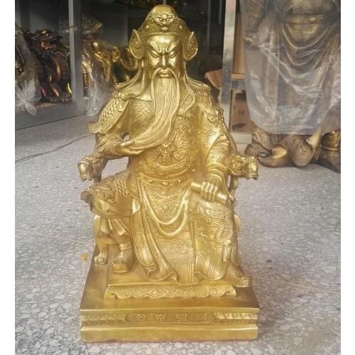 40cm Chinese Folk Hero Brass Copper GuanGong GuanYu YunChang Sit Dragon Chair Statue