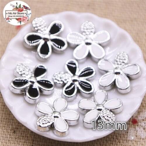 50pcs 12mm silver flower delicate white/black Buttons Home Garden Crafts Cabochon Scrapbooking DIY Accessories
