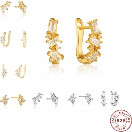 GS 100% 925 Sterling Silver Gold Ear Climber Stud Earrings Fine Thread Ear Pin Luxury Crystal Zircon Piercing Earring Jewelry