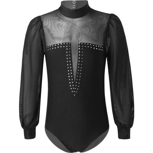 Girls Ballet Dance Leotard Mesh Long Sleeve Glittering Diamond Keyhole Back Children Dance Skating Jumpsuit Leotard Bodysuit