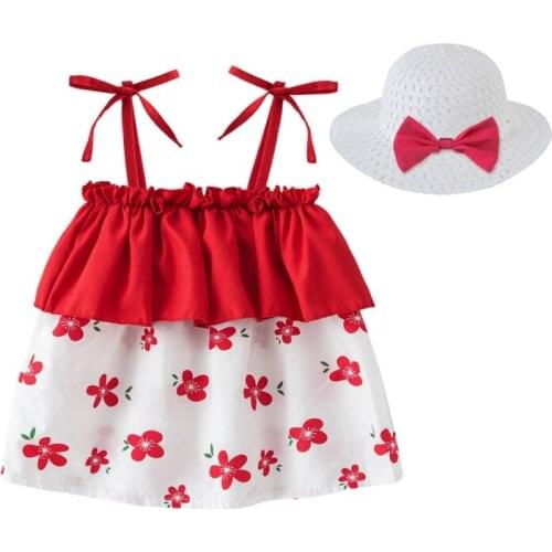 Baywell Summer Baby Girl Dressess Clothes Set Newborn Infant Girls Cute Print Sleeveless Beach Princess Dress+Sunhat