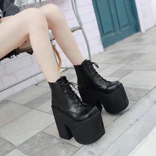 17cm Heel Motorcycle Boots Black Ankle Boots For Women Punk Cosplay Boots Fashion Goth Platform Boots Autumn Women High Heels