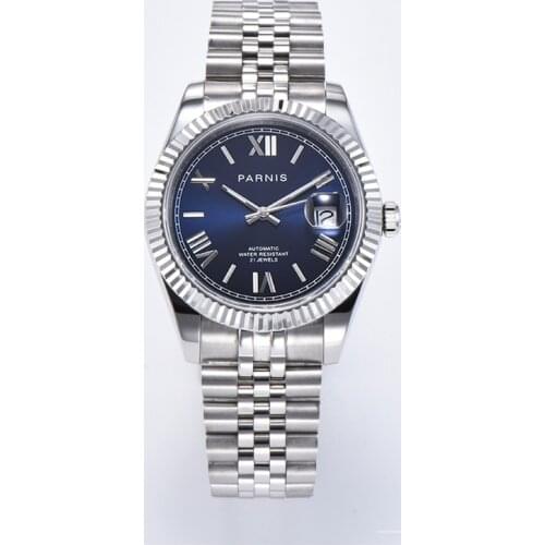 Parnis Blue Dial Mens Watches Calendar Miyota 8215 Movement 21 Jewels Automatic Mechanical Mens Wristwatch 2021 Luxury Brand