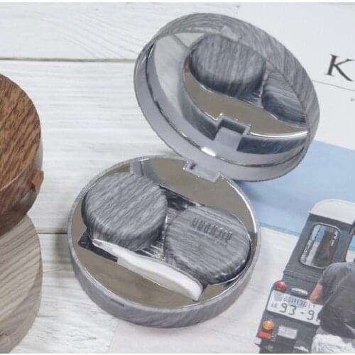 Imitation Wood Grain Round Contact Lens Case With Mirror Storage Box Lens Container Gift Cute Eye Contacts Case