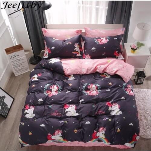 Jeefttby Home Textile Simple Stripe Cute beast Cartoon 3/4pcs Bedding Set Queen Size Contain Duvet Cover Pink Bed Sheet pillow