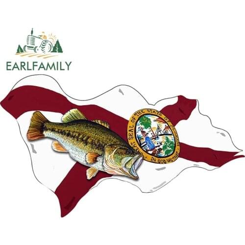 EARLFAMILY 13cm x 7.6cm Florida Flag with Largemouth Bass Vinyl Decal Car Truck RV Boat Waterproof Car Stickers Cartoon Graphics
