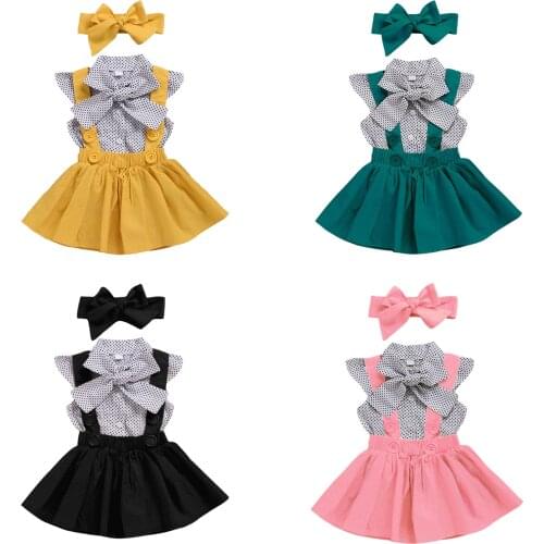 FOCUSNORM 0-5Y Summer Infant Girls Clothes Sets 3pcs Polka Dot Printed Bow Ruffles Sleeve Shirts Tops Suspender Skirt Headband
