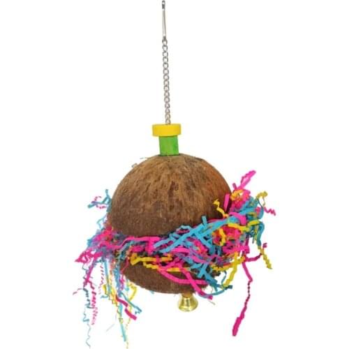 Bird Toy Natural Coconut Shell Brushed Grass Rope Toy Wooden Bite Hanging Swing Hammock Bird Cage Accessories Toys