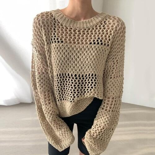 Korea Chic Retro Elegant Round Neck Heavy Industry Hollow Perspective Design Loose and Versatile Long-Sleeved Sunscreen Sweater