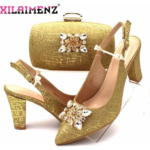 Newest Fashion African Shoes and Bag Set Wholesale Price 2020 Gold color for Wedding Shoes and Matching Purse for Women Party