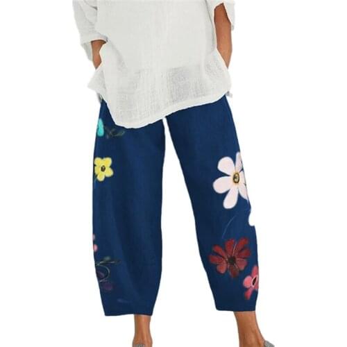 New Women Flower Pants Heigh Quality Loose Trousers Fashion Printed Floral Decor Pant For Female Plus Size