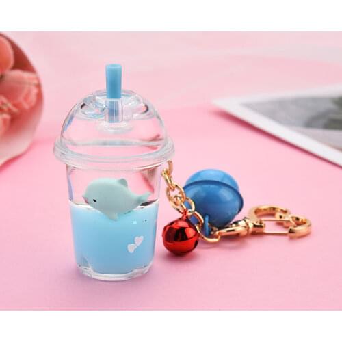 New Cartoon Cute Cat Car Keychain Creative Milk Tea Cup Liquid Crystal Quicksand Sequin Key Ring Bag Pendant for Women Bag Key