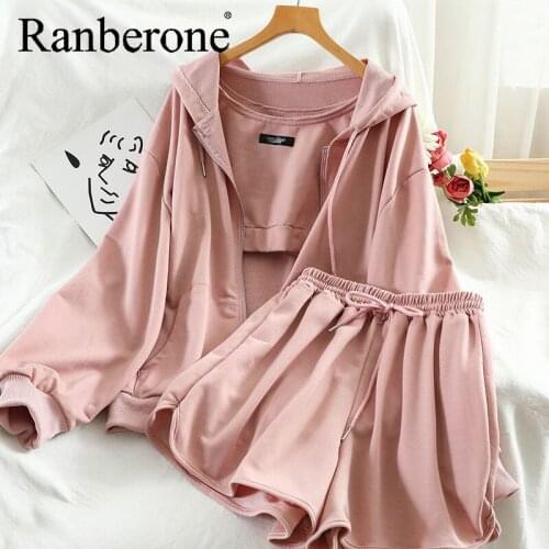 Ranberone Spring Autumn Casual Matching Sets Women Three-Piece Sports Suit Short Vest Hooded Sweater Shorts Casual Womens Suit