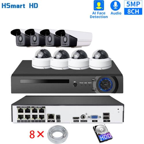 8CH POE 5MP H.265 NVR AI Face Detection Audio Record POE IP Cameras Security Camera Video Surveillance System