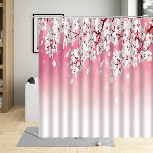 Pink Flower Shower Curtain Sakura Flower Plant Scenery White Background Pattern Bathroom Polyester Cloth Hanging Curtains Sets