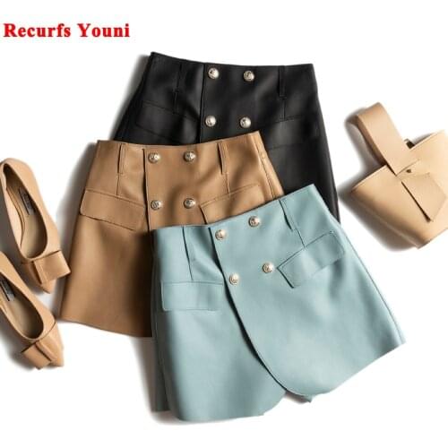 2021 Lady Genuine Leather Skorts Women Chic Korean Style Culottes Skirt Femme Buttons Hip Sexy Streetwear Shorts With Pocket
