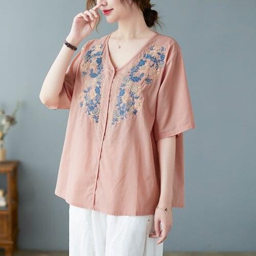 QPFJQD Ladies Cotton Embroidery V-Neck Loose Tees New Summer Autumn Women Retro Sweet Style Thin T-shirts Short Sleeve