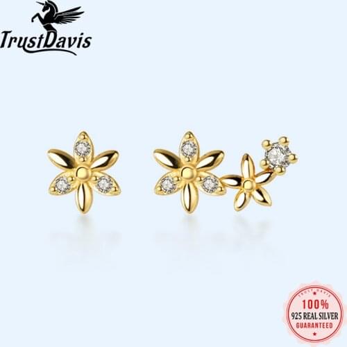 Trustdavis 925 Sterling Silver Fashion Asymmetric Flower Shiny CZ Stud Earrings for Women Wedding Party Earring Jewelry DA1018