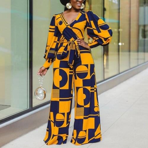 2021 Autumn Winter New Long Jumpsuits Geometric Printed Full Sleeve V Neck High Waisted Wide Leg Fashion Elegant Rompers Clothes