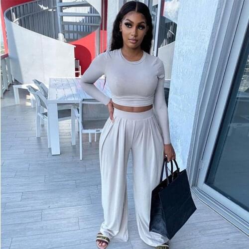 Women Casual Long Sleeve Tee Crop Top and Wide Leg Pants Outfits Two Piece Set 2021 Autumn Party Club Tracksuit Sets Streetwear
