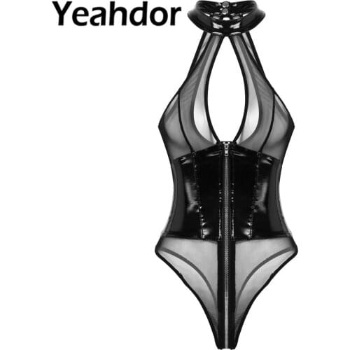 Womens Sexy One-piece Bodysuit Wet Look Patent Leather Sheer Mesh Lingerie Halter Neck High Cut Zippered Leotard Nightwear