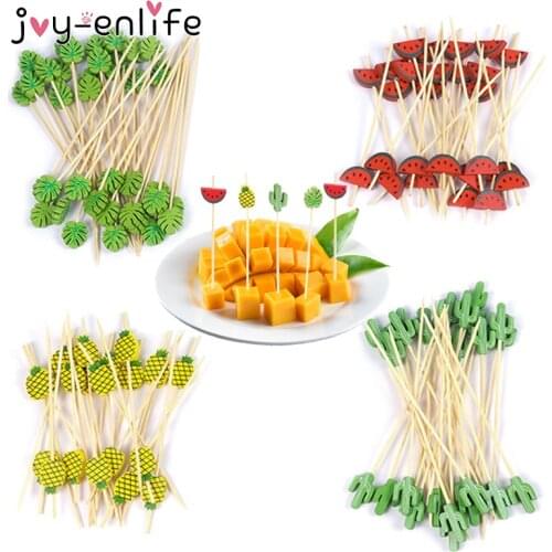 100pcs Food Fruit Fork Sticks Cocktail Buffet Dessert Disposable Bamboo picks Toothpicks Hawaiian Tropical party Decorations