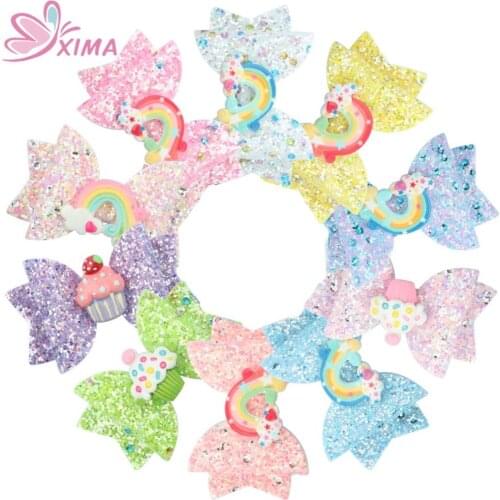 XIMA 10pcs/lot 3inch Candy Color Girls Glitter Hair Bows Clips Double Rainbow Bows Hairpins for Princess Headdress Accessories