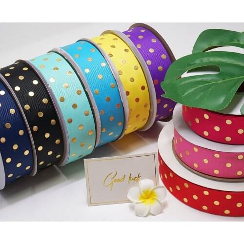 Free shipping 38mm polka dotss 50 yard gold dots foil printed grosgrain ribbon F1100209