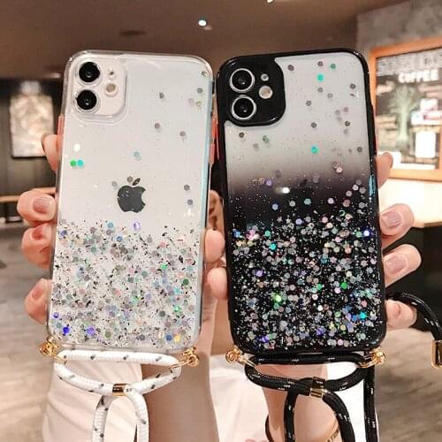 Glitter Lanyard Camera Protection Phone Case For iPhone 12Pro Max 11 12Mini XR XS Max X 7 8 Plus 12 11Pro Max Transparent Cover
