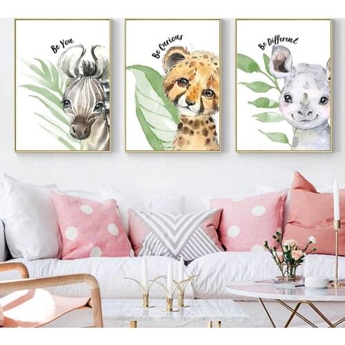 Baby Green Leaf Animal Lion Zebra Nursery Poster Canvas Painting Art Poster Print Picture Nordic Kids Bedroom Wall Decoration