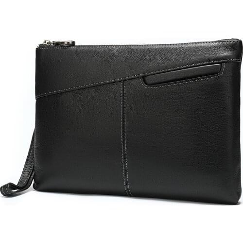 Classic men casual soft cow leather zipper large clutches business wrist purse