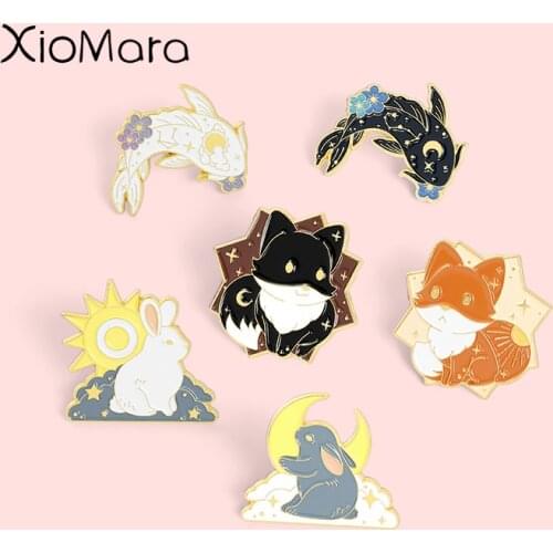 Cartoon Animal Collection Enamel Pin Custom Fox Rabbit Carp Brooches Bag Lapel Funny Cute Sun Blossom Badge Jewelry Gift For Kid