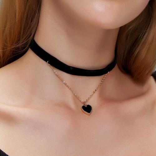 Korean Flannel Sexy Short Necklace for Women Black Two-layer Love Pendant Necklace Clavicle Chain Choker Fashion Jewelry Gift