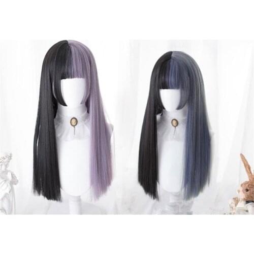Lolita 60CM Long Straight Bangs Mixed Black Half Ombre Cute Japanese Halloween Synthetic Party Cosplay Wig D110
