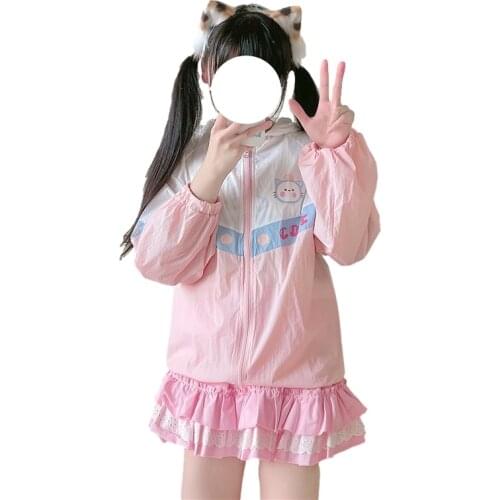 Cute Fashion Thin Jackets Teen Girls Summer Kawaii Cat Print Sun Protection Clothing Long Sleeve Casual Hooded Beach Cover Up