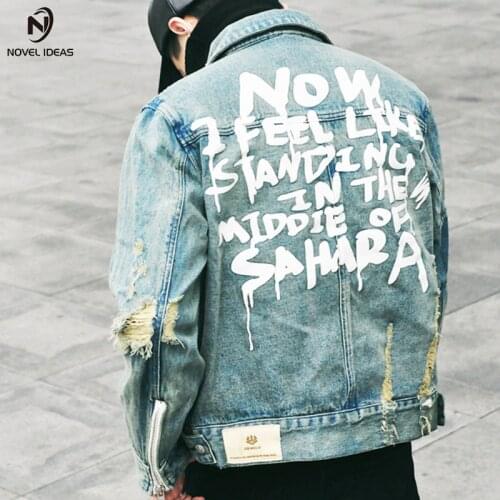 Novel ideas Jeans Jacket Men 2017 winter Streets DOODLE Long sleeve Hole Jeans Coat Men Street locomotive Hip Hop Jeans Jackets