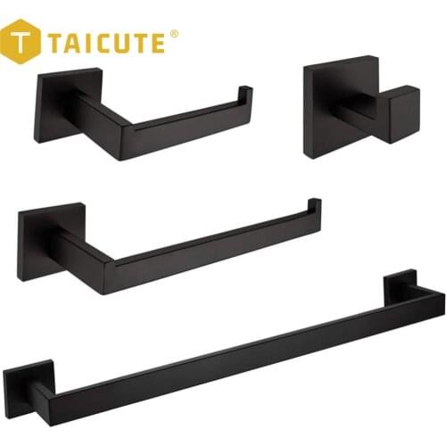 TAICUTE Black Bathroom Accessories Sets 4 Wall Mounted Towel Bar Robe Hooks Toilet Paper Roll Holder Stainless Steel Hardware