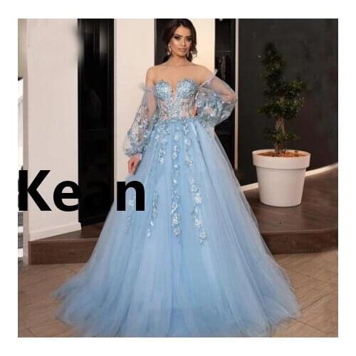 Sky Blue Evening Dresses Off Shoulder See Through robe de soiree Evening Gowns Prom Dress Vestidos De Festa