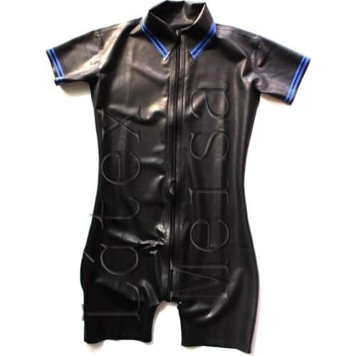 Novelty Fetish latex bodysuit attached front zip to ass and with blue stripes decoration in black color for men
