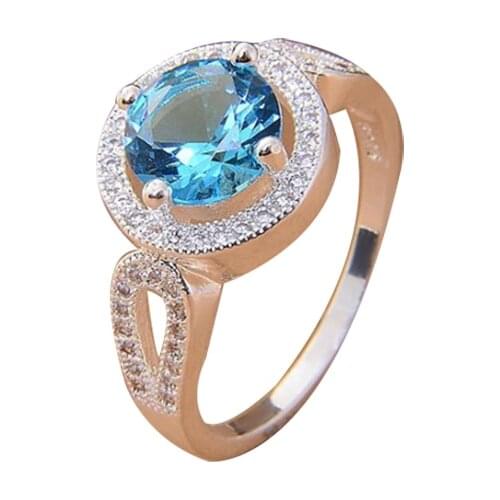 Whole Sale Simple Fashion Blue Zircon Round Crystal Small Jewelry Gold Color Metal Alloy Ring for Girl Women