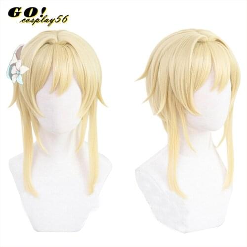 Genshin Impact Traveler Lumine Wig Cosplay Player Blonde Short Straight Bangs Heat Resistant Hair Adult Halloween Role Play AC